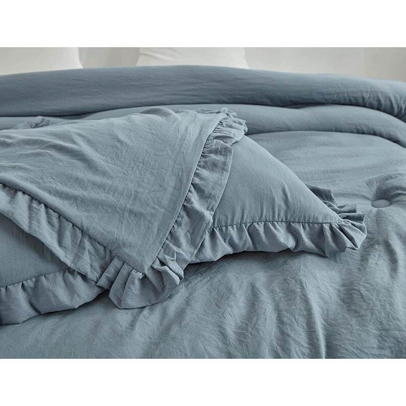 Full Size Blue Stone Washed Ruffled Edge Microfiber Comforter Set