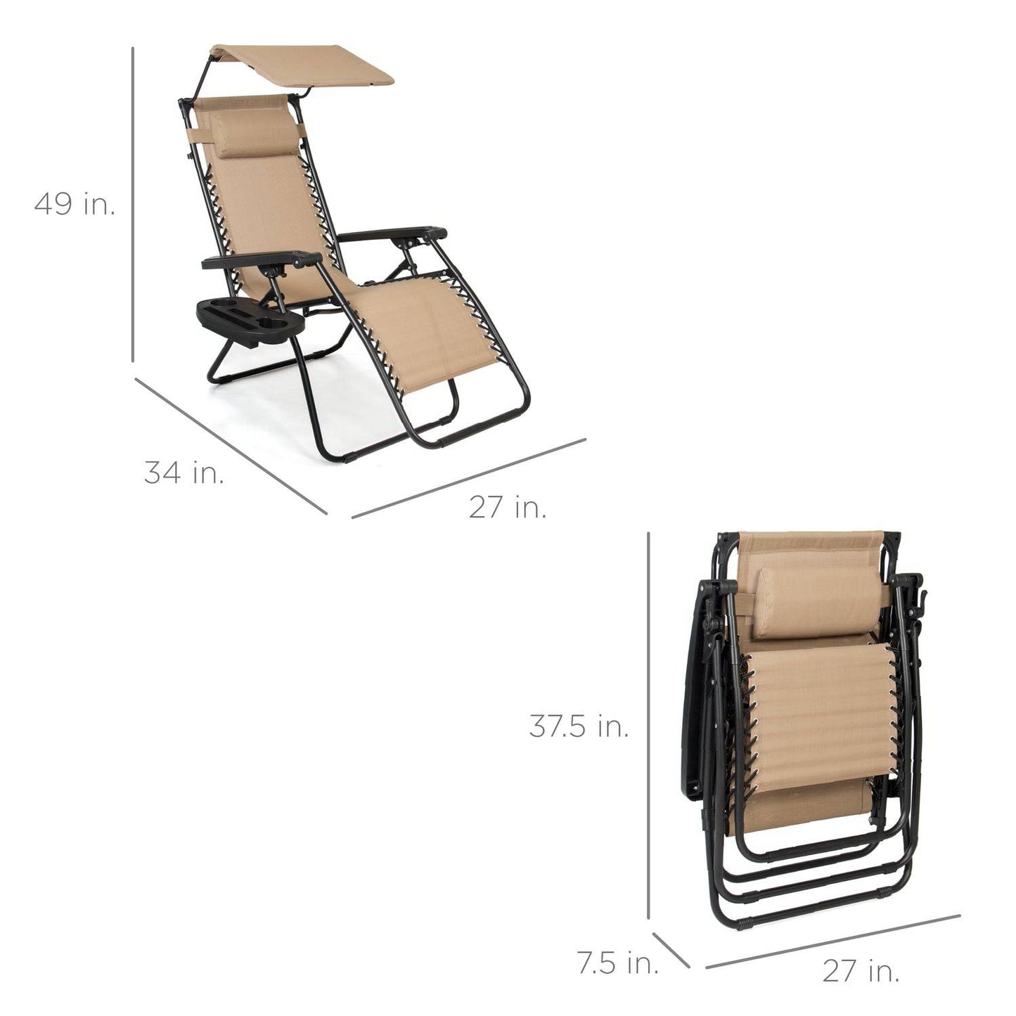 Beige Zero Gravity Folding Reclining Patio Lounge Chair w/ Canopy Sun Shade