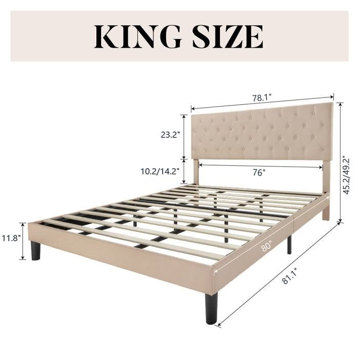 King Size Adjustable Height Beige Linen Tufted Low Profile Platform Bed