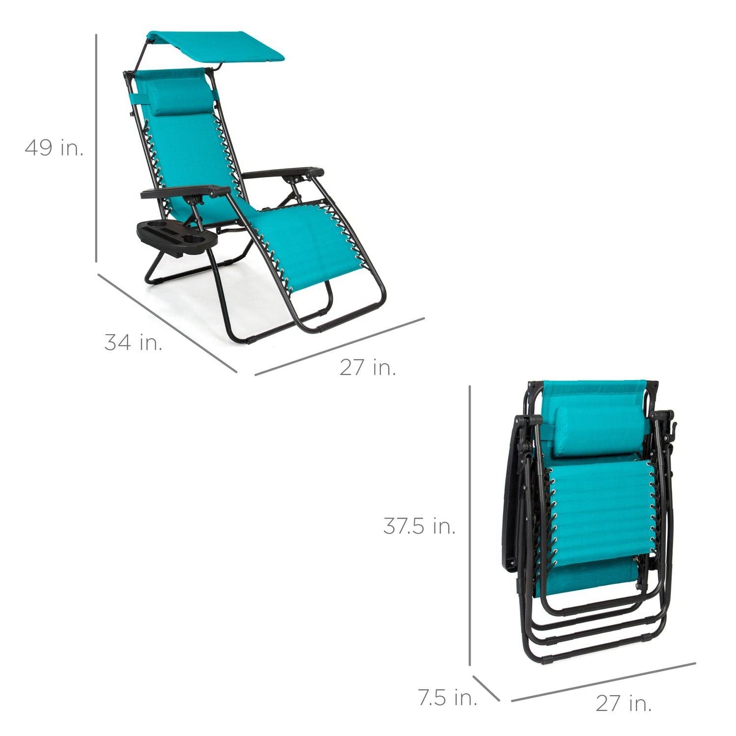 Blue Zero Gravity Folding Reclining Patio Lounge Chair w/ Canopy Sun Shade