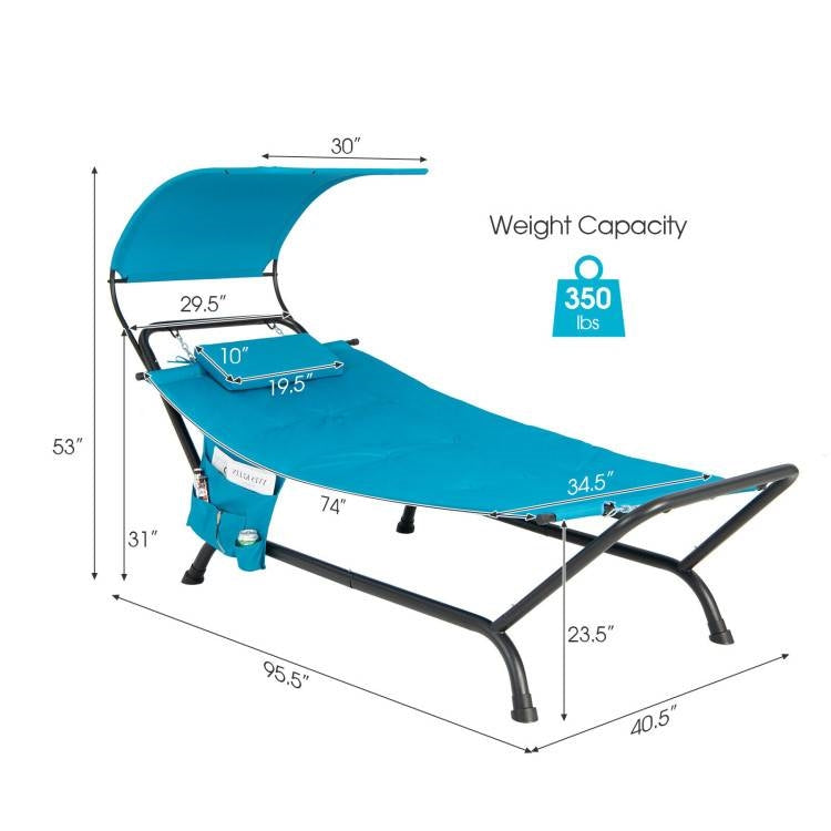 Blue Covered Polyester Chaise Canopy Hammock Stand Lounge Chair, Pillow, Storage Bag