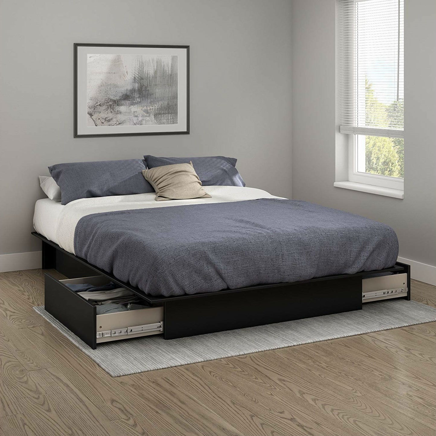 Queen Platform Bed Frame with 2 Storage Drawers in Black