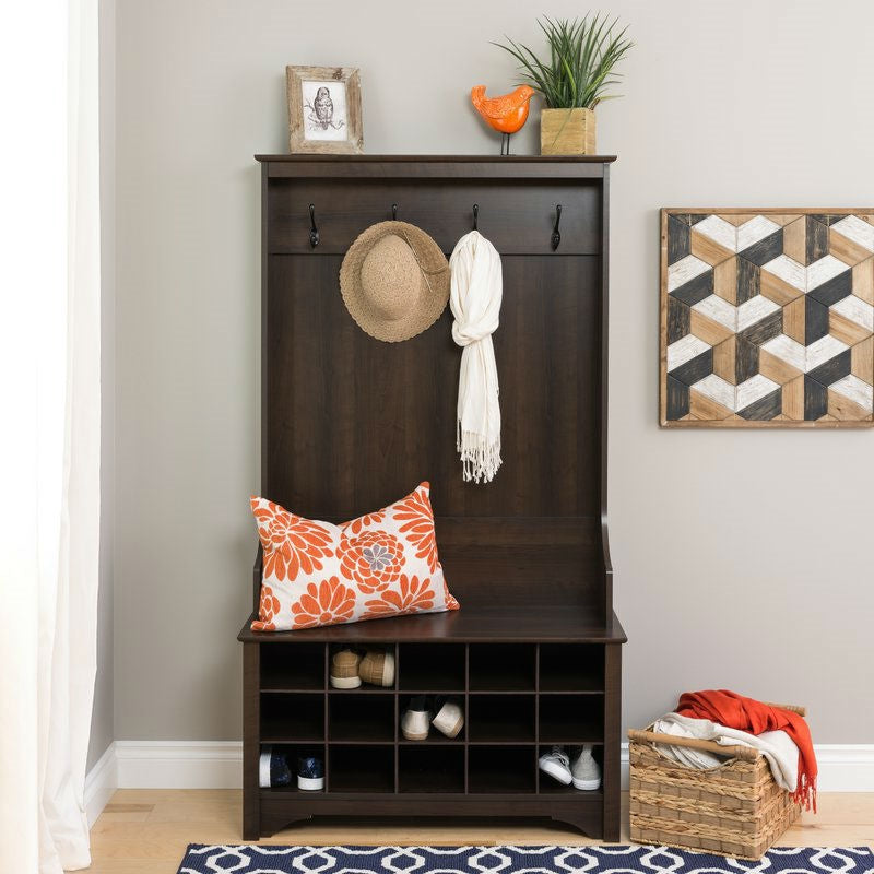 Dark Brown Espresso Entryway Hall Tree Shoe Cubbie Coat Rack