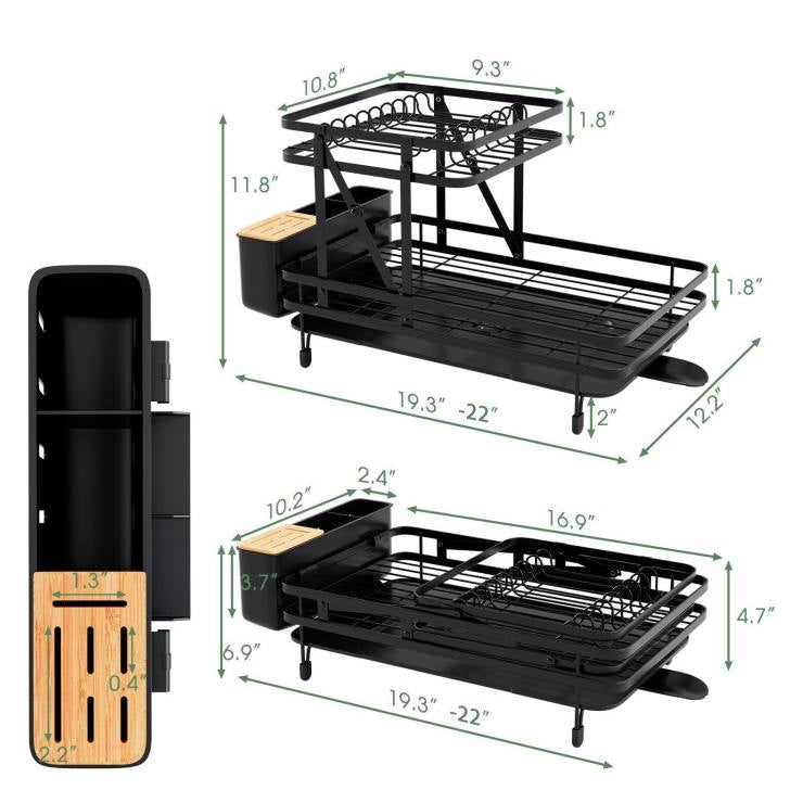 2 Tier Black Foldable Dish Rack Removable Drip Tray