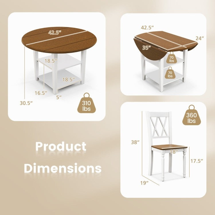 5 Piece Round Dining Drop Leaf Table Chairs Set White/Walnut