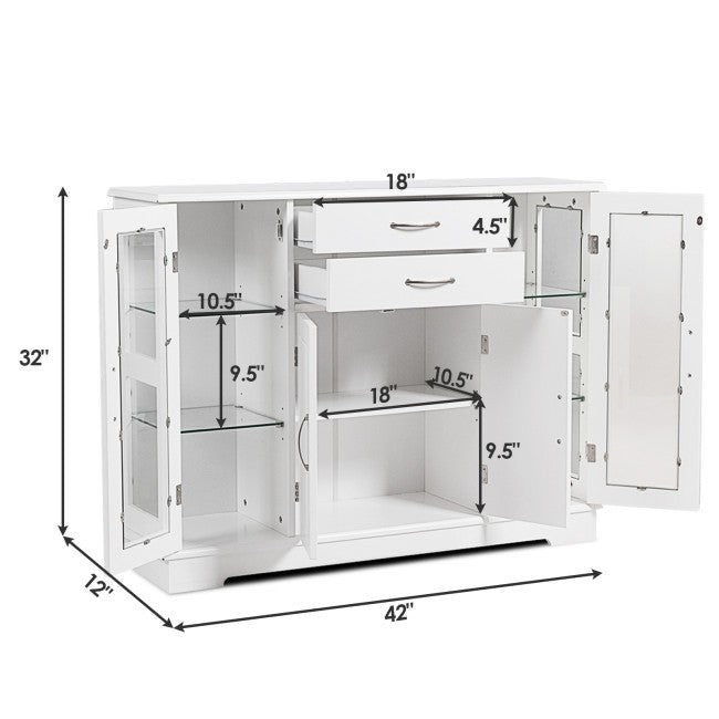 White Wood 3 Tier Buffet Sideboard Cabinet with Glass Display Doors