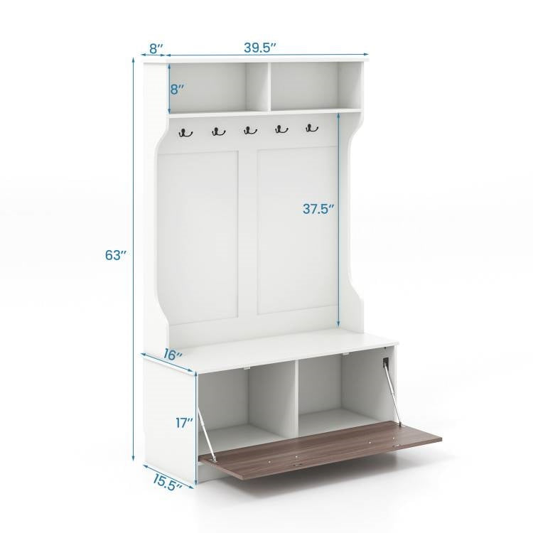 Multifunctional White/Oak Entryway Bench Coat Rack Shoe Storge Cabinet