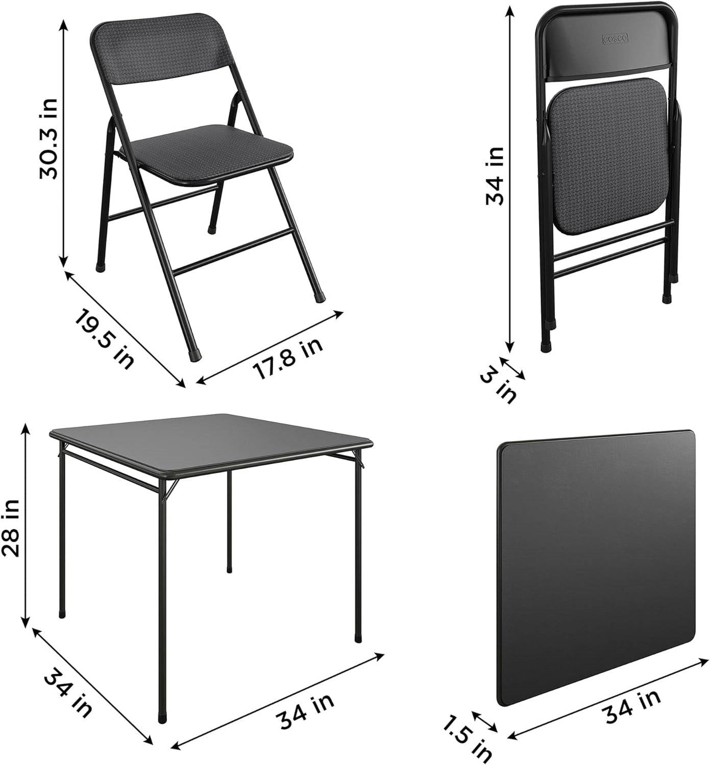 5-Piece Square Folding Dining Table 4 Chairs Guest Set - Black