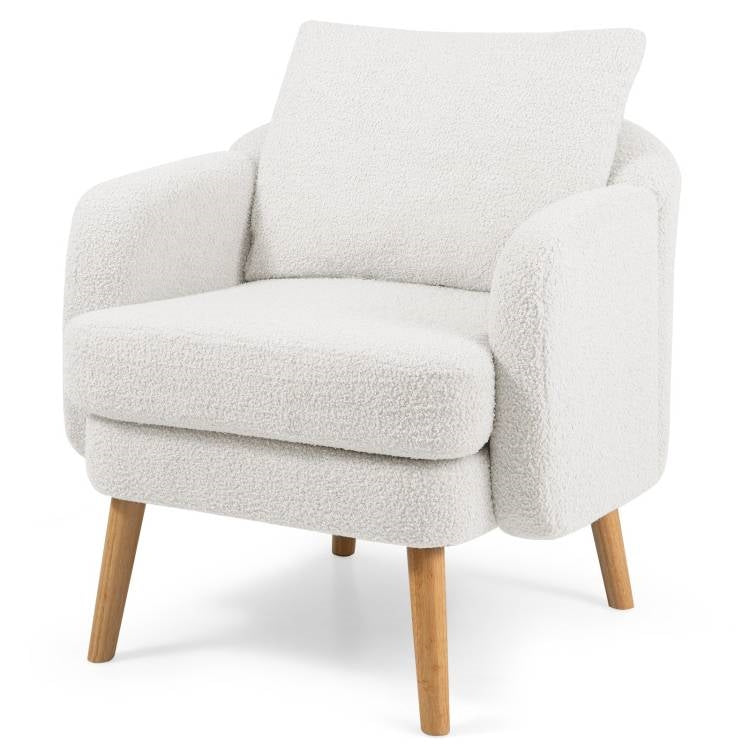 Modern White Sherpa Upholstered Plush Accent Chair Wooden Legs