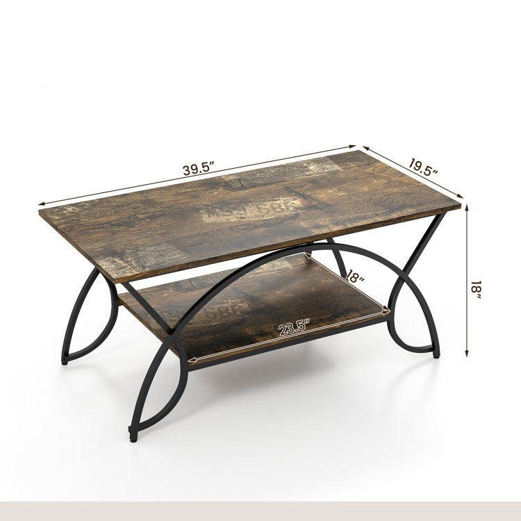 Rustic FarmHouse 2 Tier Brown Coffee Table Curved Legs
