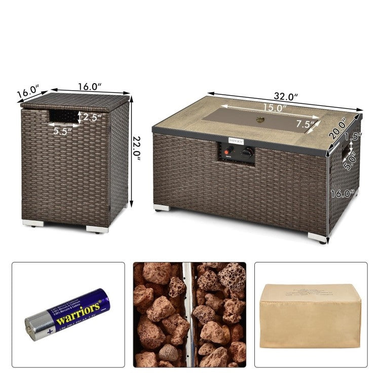 Brown Propane Gas Rattan Fire Pit Table Set with Side Table Tank Holder and Cover