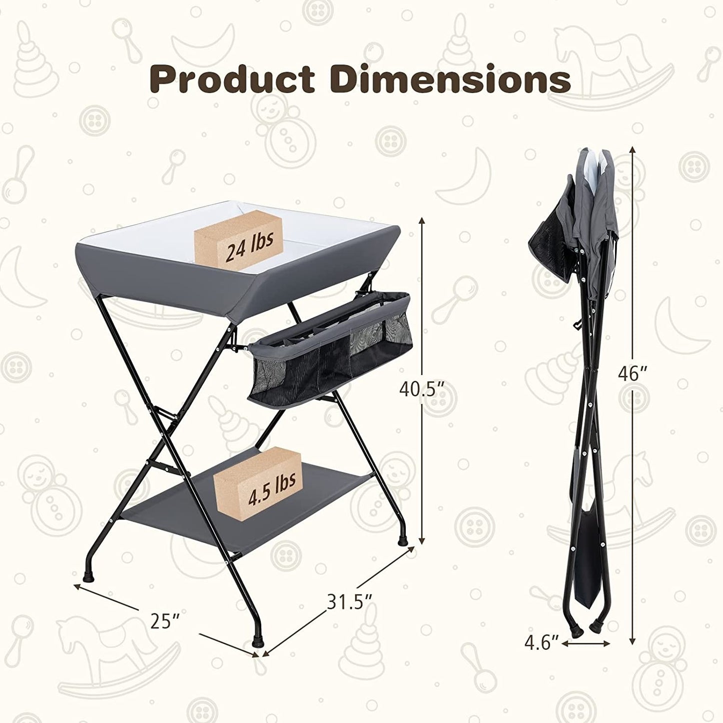 Grey Folding Wide Nursery Diaper Baby Changing Table