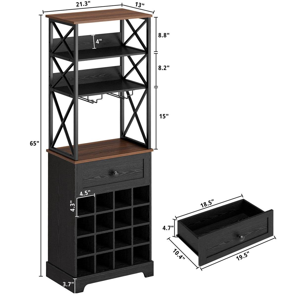 Black/Brown Wine Bottle & Glass Rack Cabinet Bar Storage