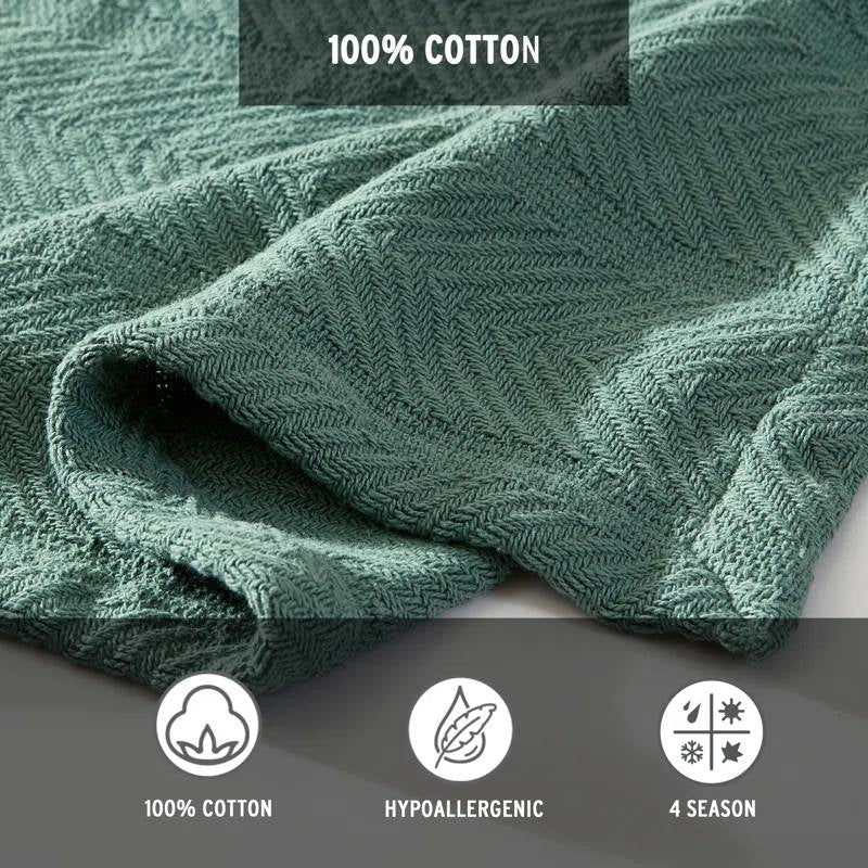 Full/Queen size Lightweight 100-Percent Cotton Reversible Knit Blanket in Green