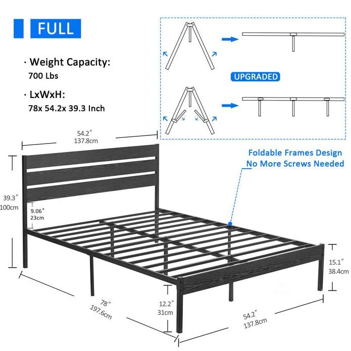 Full Size Rustic Industrial Black Oak Platform Bed Frame Wood Slatted Headboard