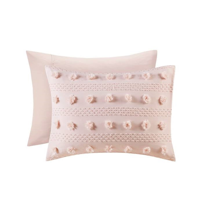Full/Queen 3 Piece Jacquard Pompom Microfiber Hypoallergenic Comforter Set, Pink