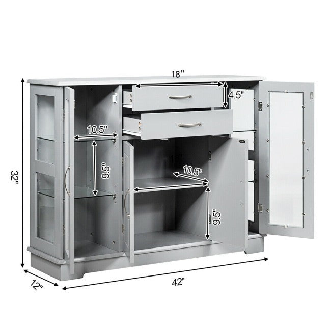 Grey Wood 3 Tier Buffet Sideboard Cabinet with Glass Display Doors