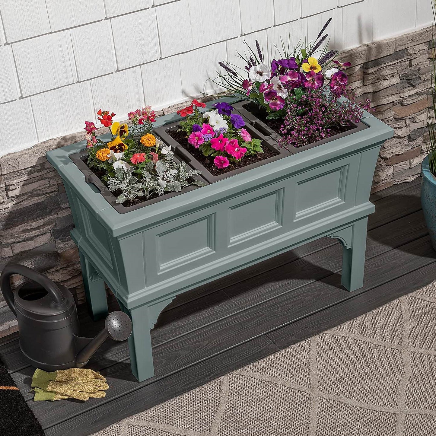 Green Rectangular Raised Garden Bed Planter Box w/ 3 Removeable Trays