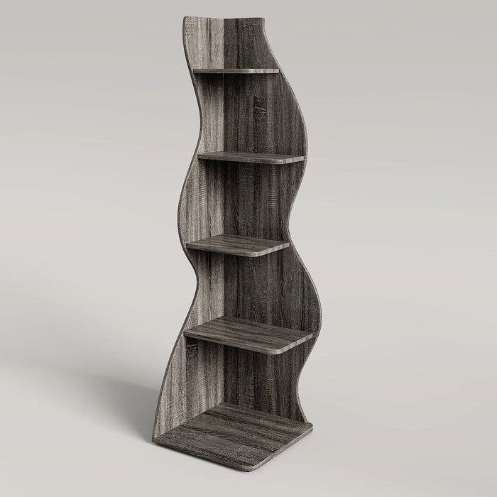 Modern Whimsical 5 Shelf Corner Bookcase Stand Grey Wood Finish