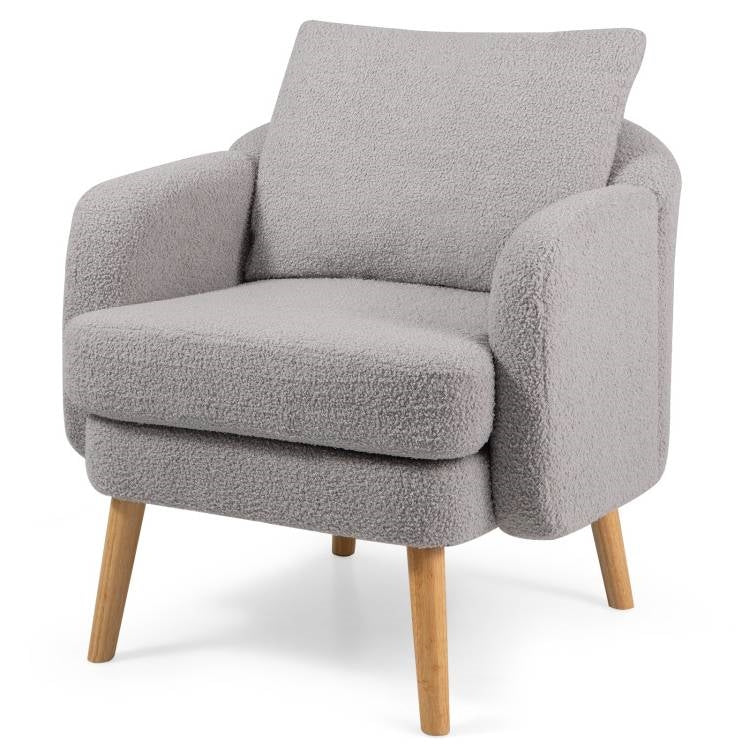 Modern Grey Sherpa Upholstered Plush Accent Chair Wooden Legs