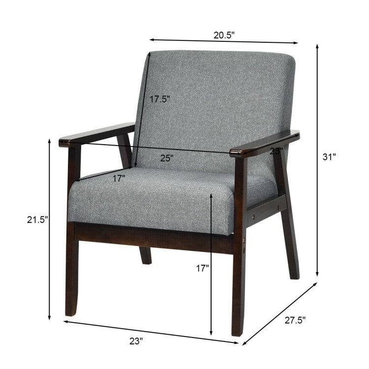 Retro Linen Wide Accent Chair w/ Espresso Rubber Wood Frame - Gray