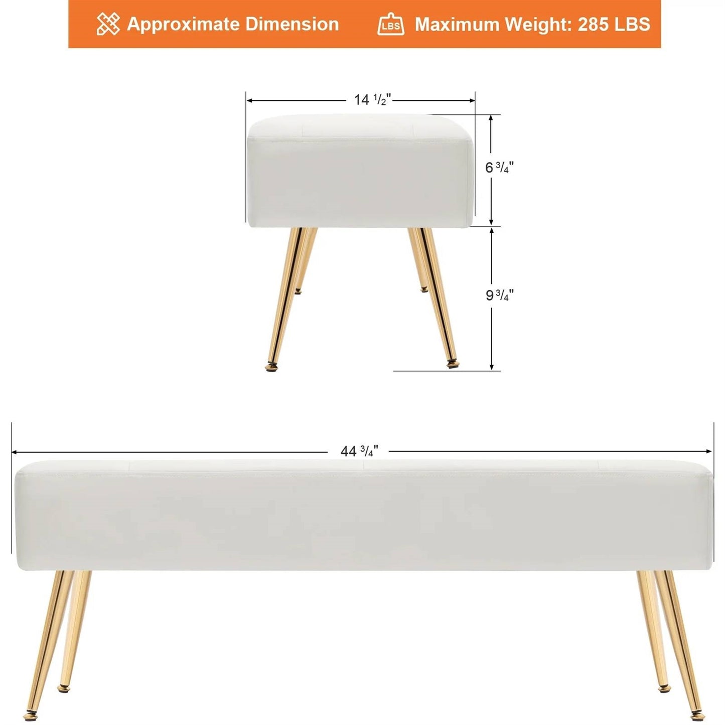 Modern Bed Bench Ottoman with White Ivory PU Leather Seat and Gold Metal Legs