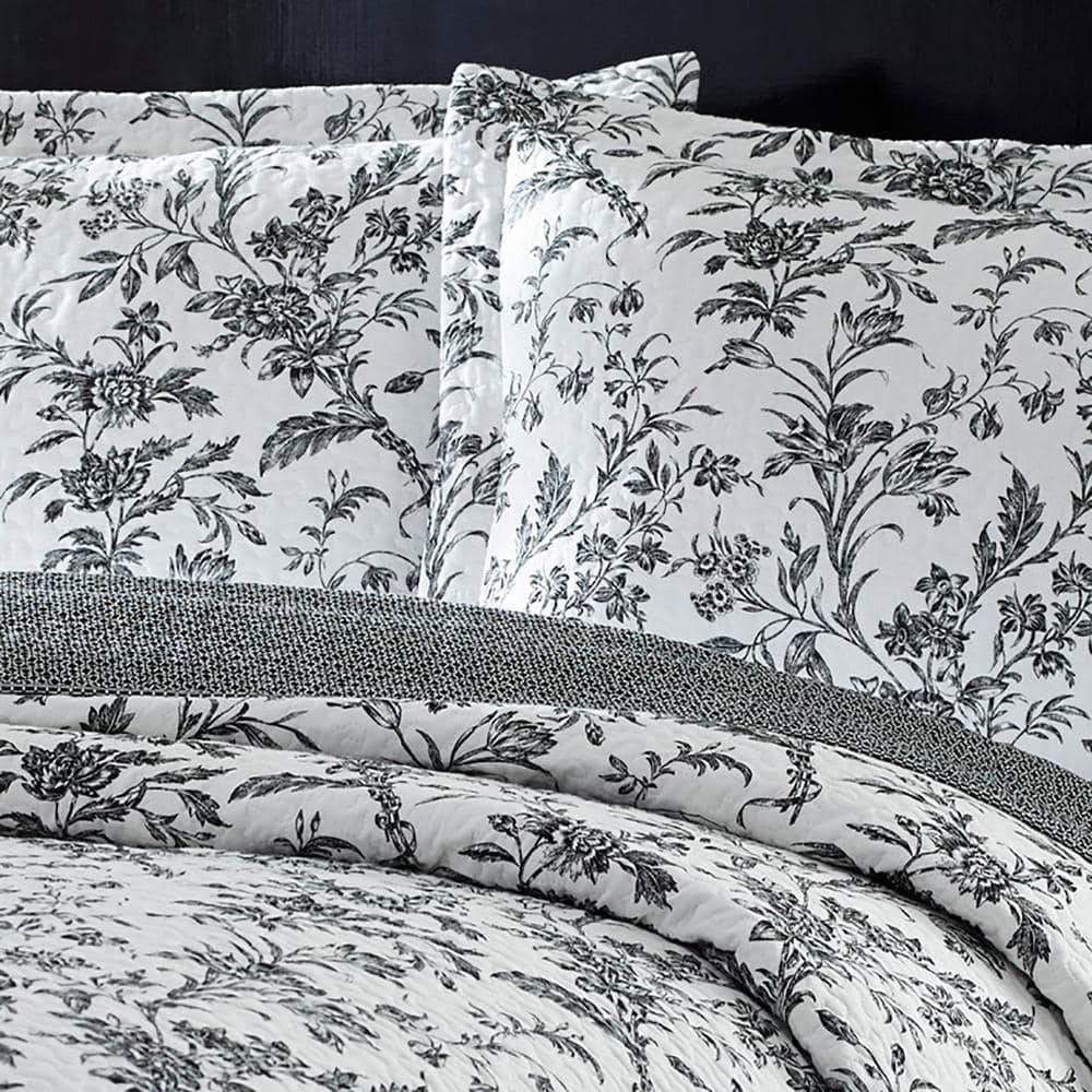 King size 3-Piece Reversible Quilt Set in 100% Cotton Grey White Floral Design