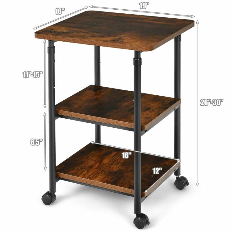 Brown/Black Multifunction Adjustable Height 3-tier Printer Stand Work Station