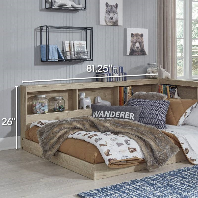 Twin Size Natural Corner Bookcase Headboard Storage Platform Floor Bed USB Ports
