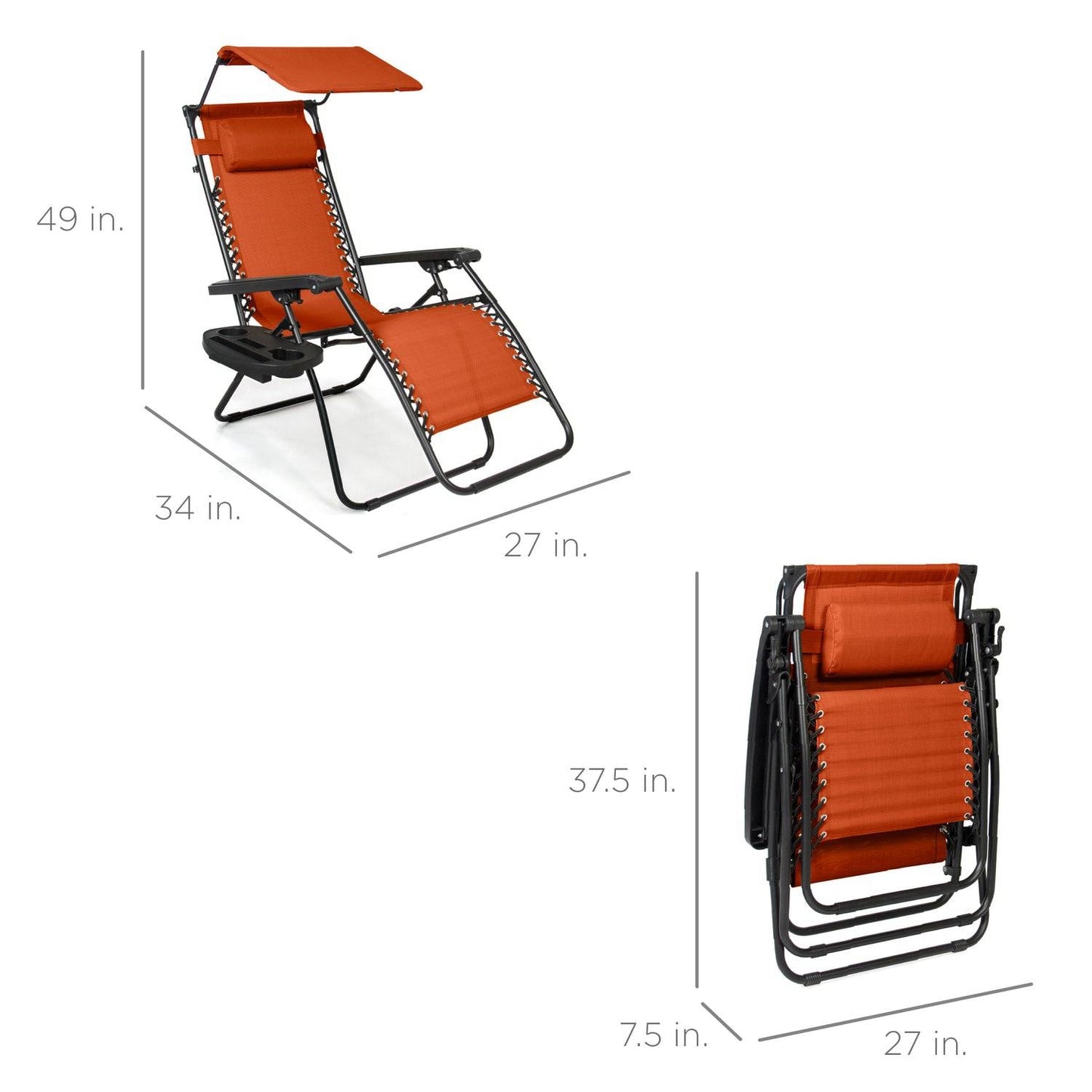 Orange Zero Gravity Folding Reclining Patio Lounge Chair w/ Canopy Sun Shade