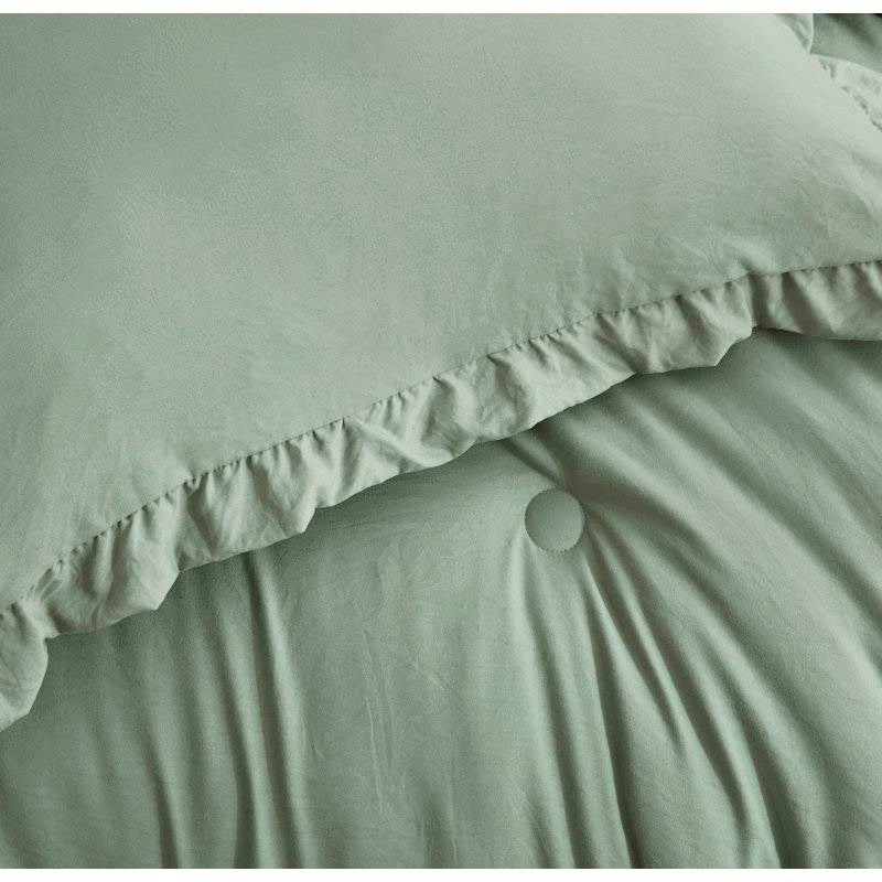 Queen Oversized Sage Ruffled Edge Microfiber Comforter Set