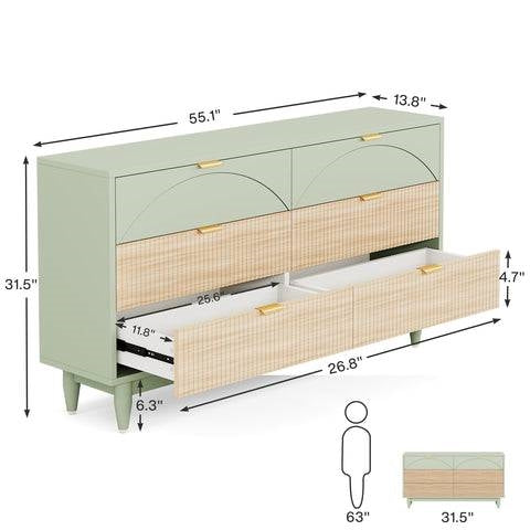Retro Mint Green Light Wooden 6 Drawer Dresser