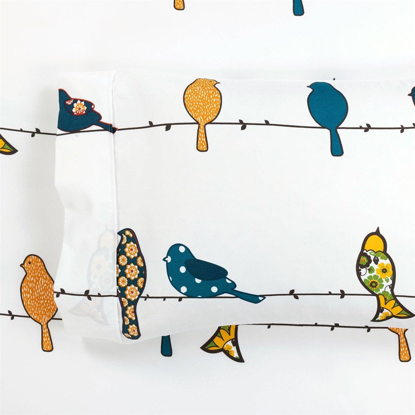Full size Teal Yellow White Floral Birds on Wire Soft Polyester 6 Piece Sheet Set