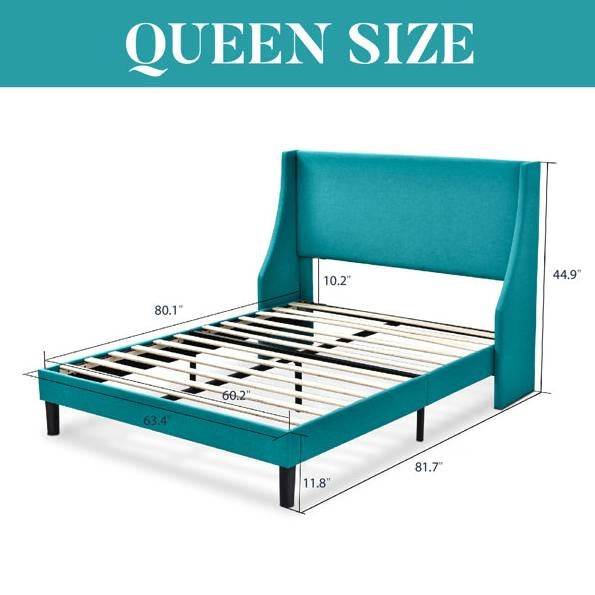 Queen Size Upholstered Linen Headboard Wingback Platform Bed in Turquoise