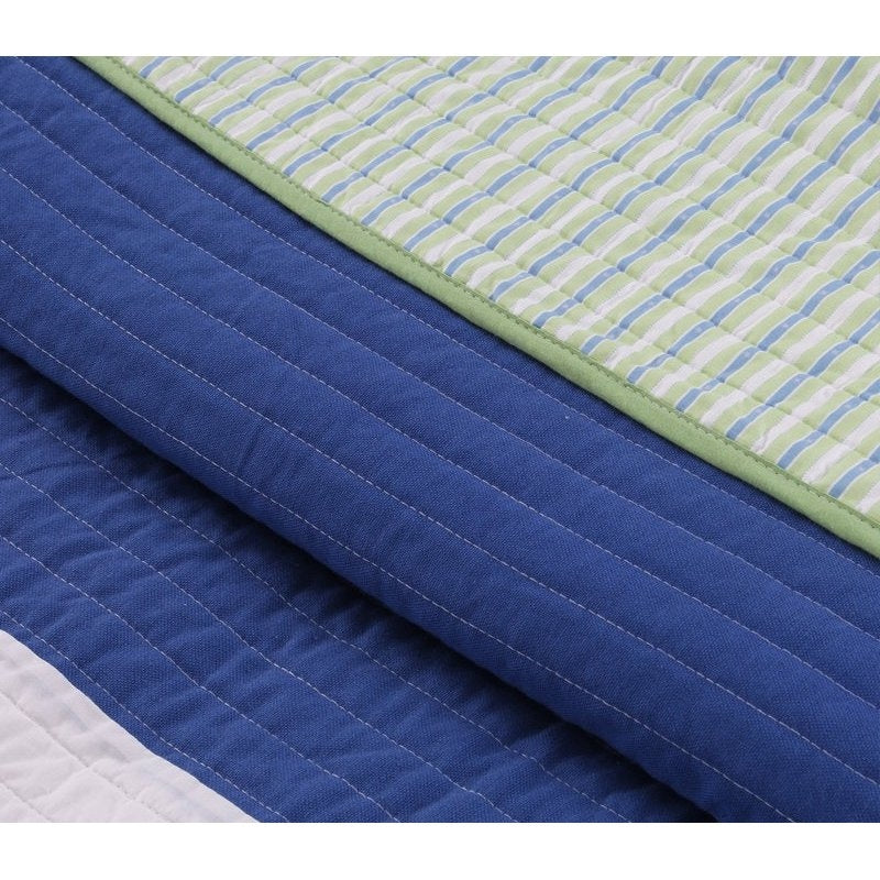 Twin Size Navy/Green/White Stripe 100% Cotton Quilt Set