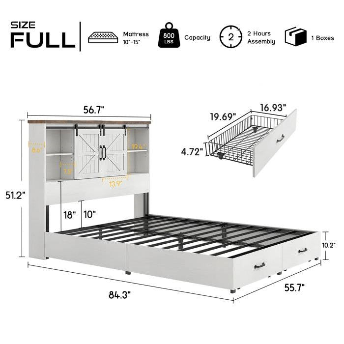 Full - White Sliding Barn Door Bookcase Wooden Platform Bed Storage Drawers