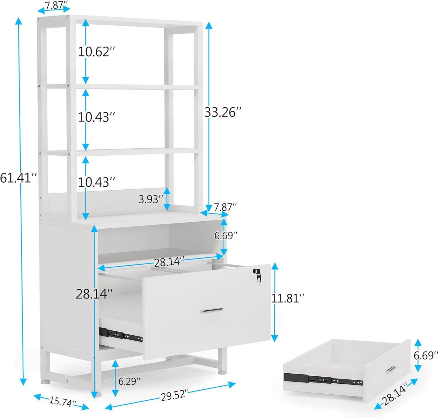2 Drawer Office Lockable Filing Cabinet Bookshelf with Open Shelves, White
