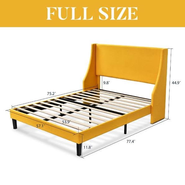 Full Size Upholstered Linen Headboard Wingback Platform Bed in Yellow