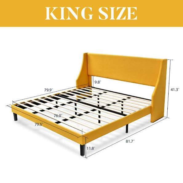 King Size Upholstered Linen Headboard Wingback Platform Bed in Yellow