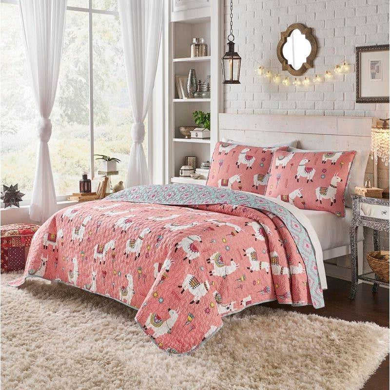 King Size Pink Blue Reversible Floral Llama Cotton Quilt Set