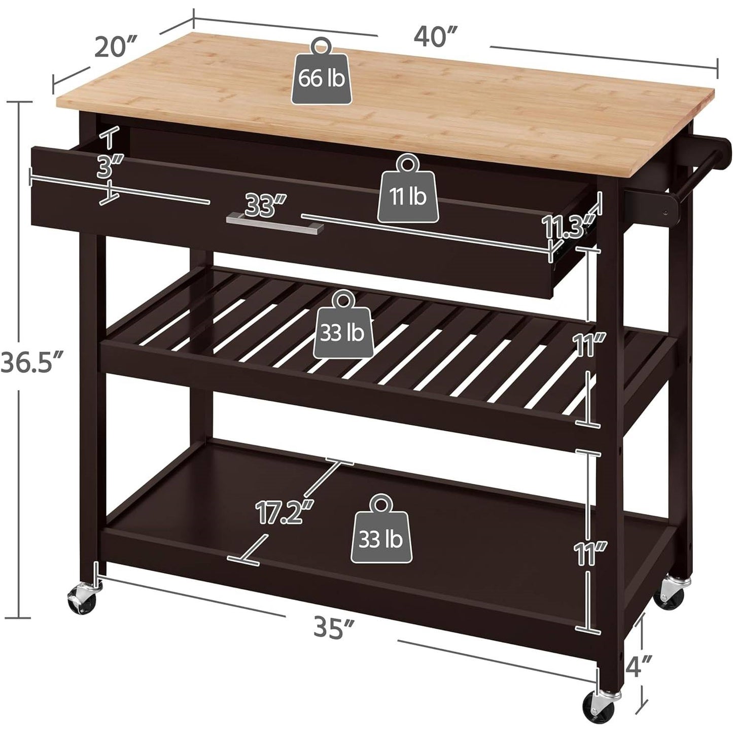 Brown Kitchen Island Cart with Wood Top 2-Shelves Drawer and Locking Wheels