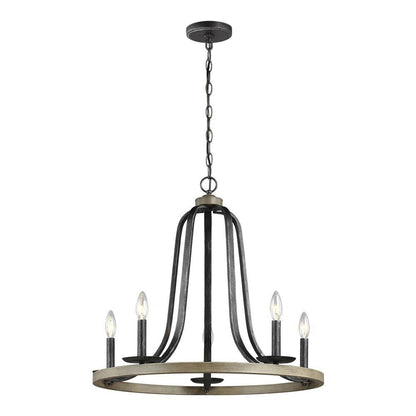 5 Light Dimmable Farm Home Circle Metal Chandelier Oak Finish