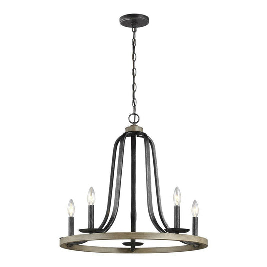 5 Light Dimmable Farm Home Circle Metal Chandelier Oak Finish