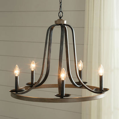 5 Light Dimmable Farm Home Circle Metal Chandelier Oak Finish