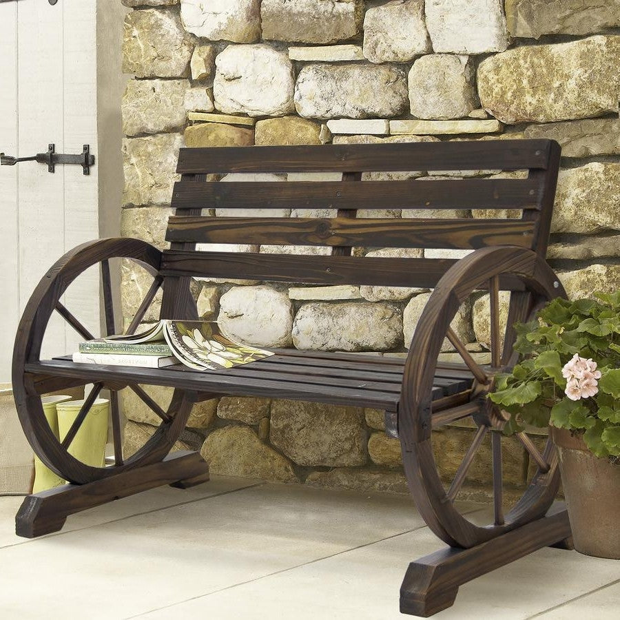 2 Person Farm Home Wagon Wheel Wooden Bench