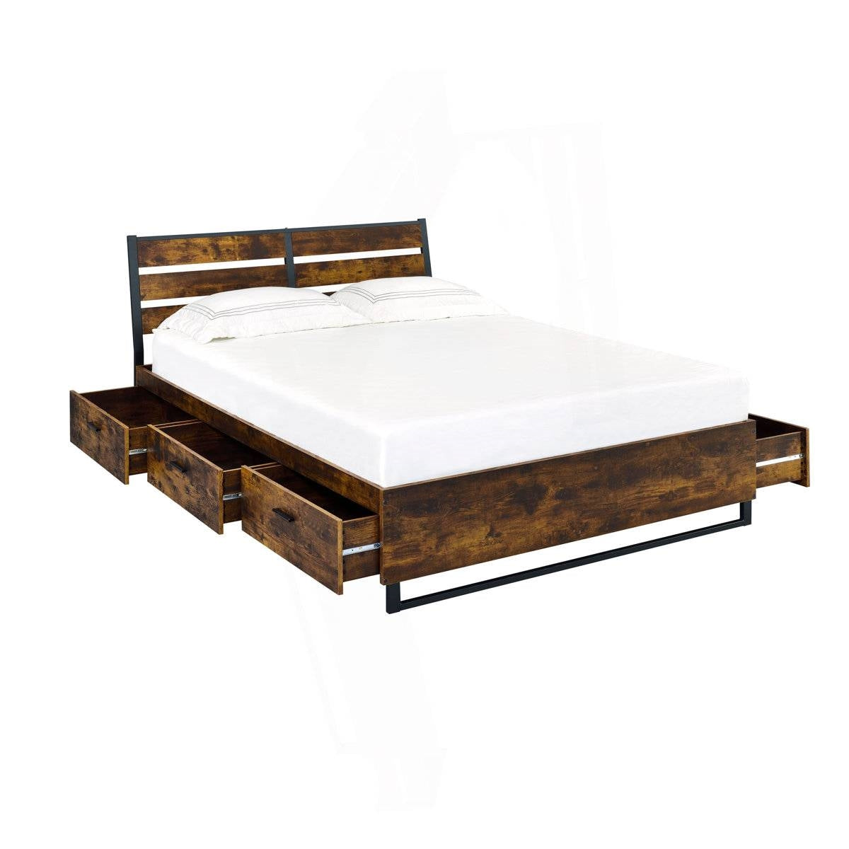 King Size Industrial Slatted Headboard Platform Bed 6 Storage Drawers