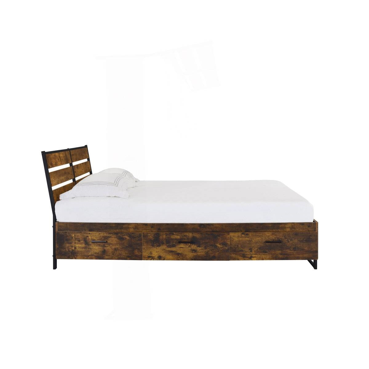 King Size Industrial Slatted Headboard Platform Bed 6 Storage Drawers