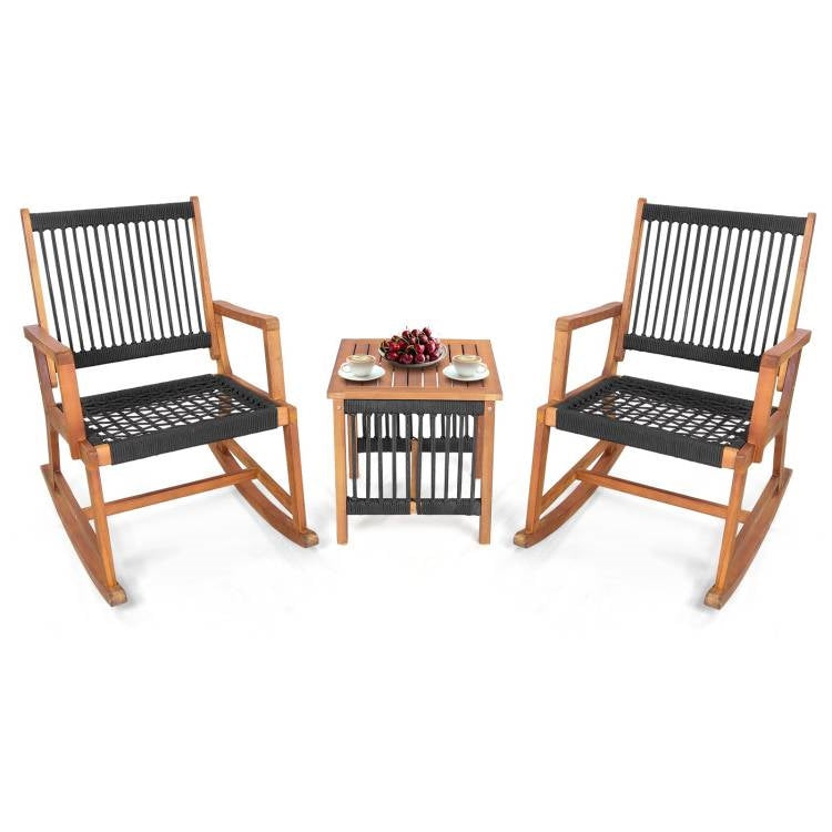 3 Piece Rocking Hand Woven Rope Acacia Wood Bistro Set