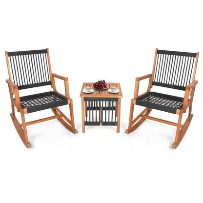 3 Piece Rocking Hand Woven Rope Acacia Wood Bistro Set