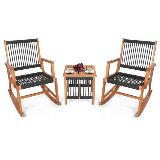 3 Piece Rocking Hand Woven Rope Acacia Wood Bistro Set